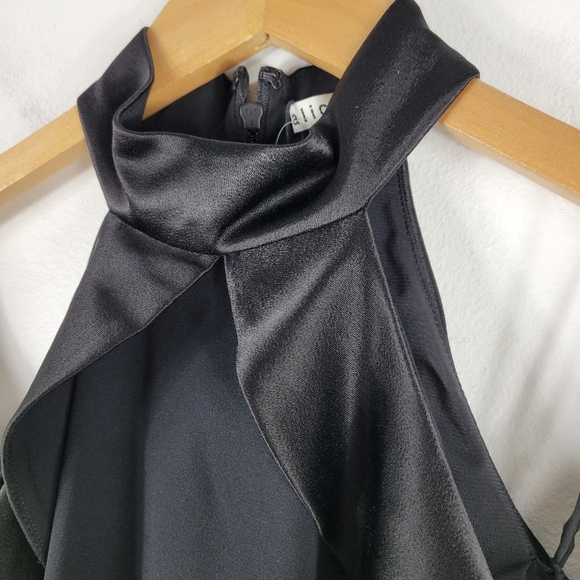 New Alice + Olivia Rosaline High Neck Satin Ruffle Cold Shoulder Pleated Romper - Picture 6 of 14